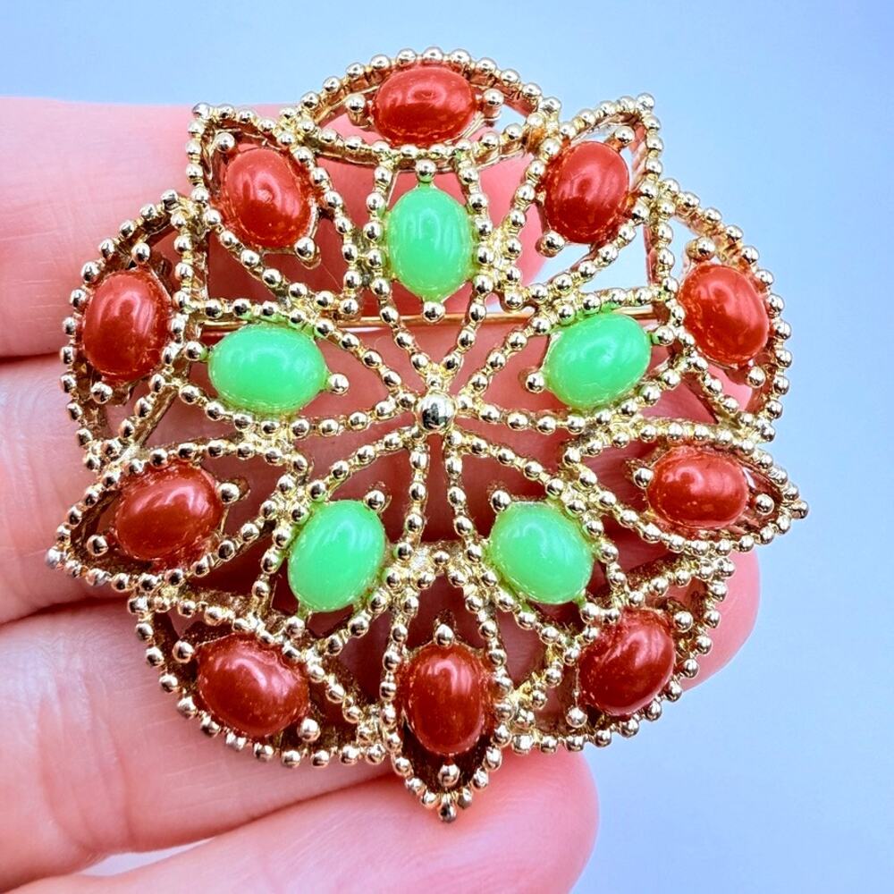 Vintage MCM Sarah Coventry Round Faux Jade Coral Brooch 1960s Costume Gold Tone